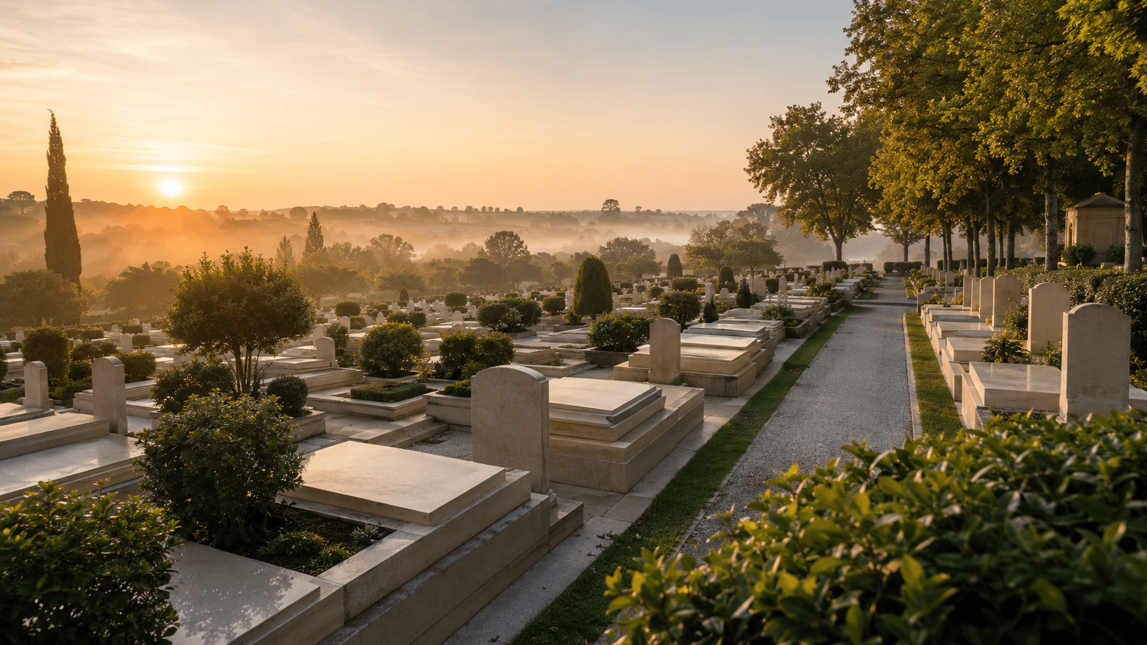 Allée d'un cimetière à l'aube